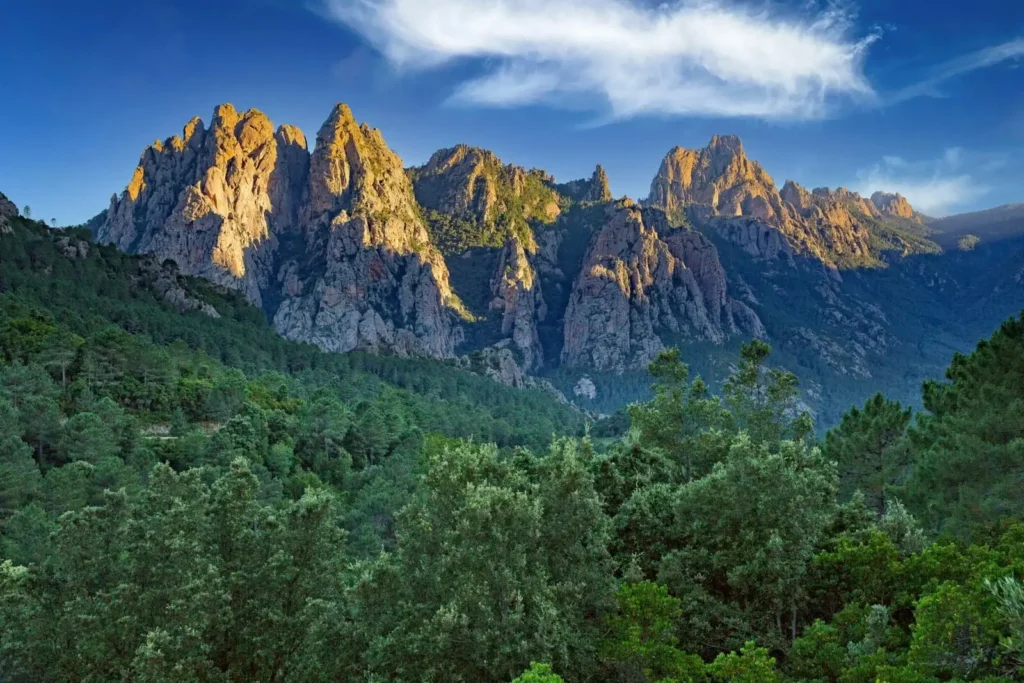 Vette rocciose delle montagne corsiche che sovrastano una foresta di pini laricio sotto un cielo blu.