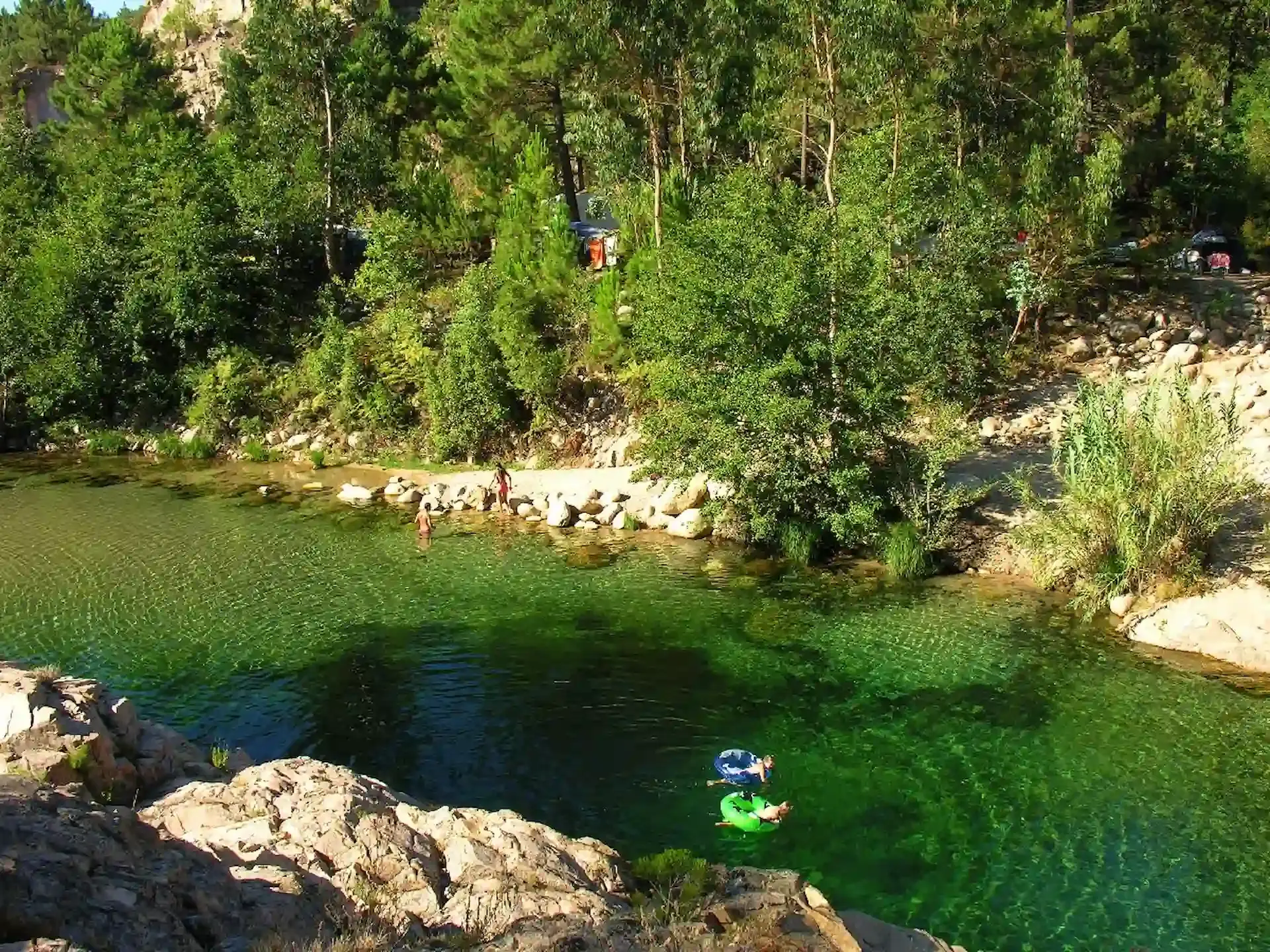 Vacanciers se baignant avec des bouées dans les eaux cristallines et vertes de la rivière Restonica bordant le camping.