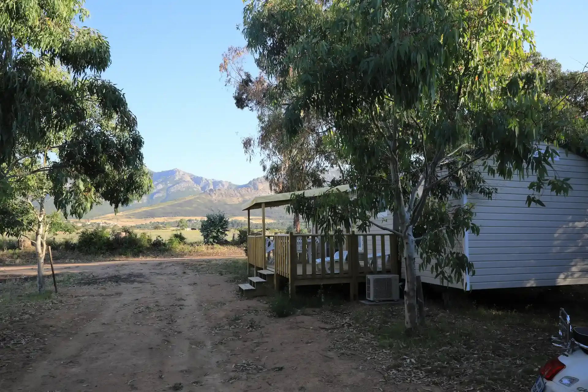 Mobil-home moderne avec terrasse en bois ombragée par des eucalyptus au Camping Paradella près de Calvi.