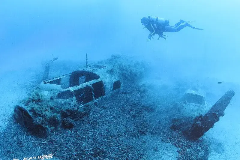 Détail de la structure métallique d'une épave immergée entourée de poissons en plongée sous-marine en Corse.