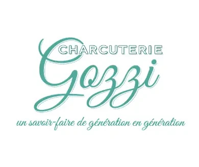 Logo officiel de la Charcuterie Gozzi avec le slogan "un savoir-faire de génération en génération" en calligraphie vert d'eau.