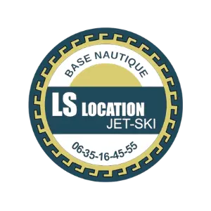 logo-ls-location-jetski-en-corse Logo officiel de la base nautique LS Location Jet-Ski avec numéro de téléphone et design circulaire bleu et or.