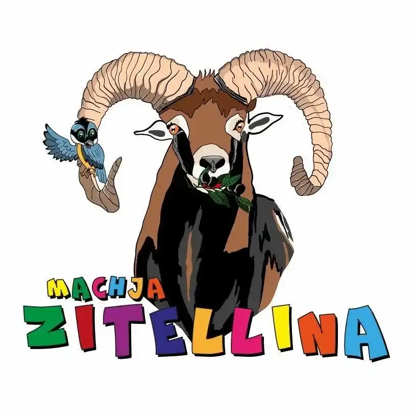 logo-machja-zitellina Logo officiel Machja Zitellina illustrant un mouflon avec un rameau d'olivier et un oiseau bleu sur ses cornes.