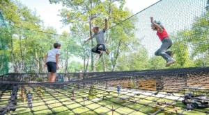 Enfants s'amusant et sautant dans un grand filet de protection d'un parcours accrobranche sécurisé en forêt.