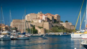Vue du port de plaisance de Calvi avec de nombreux voiliers amarrés au pied de l'imposante citadelle génoise sous un ciel bleu.