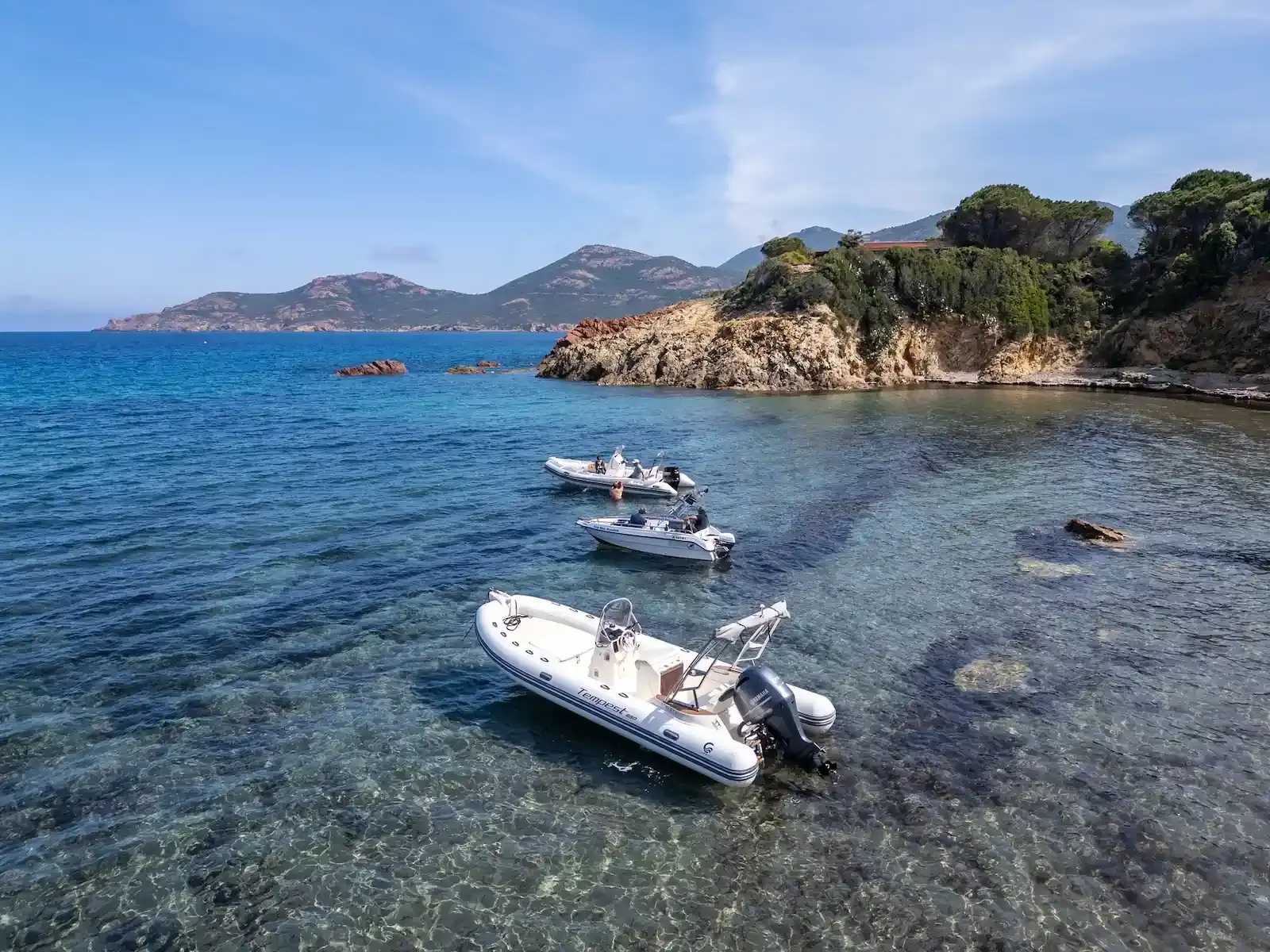 Flotte de bateaux semi-rigides Tempest et coques rigides de Scandola Marine au mouillage dans une baie cristalline en Haute-Corse.