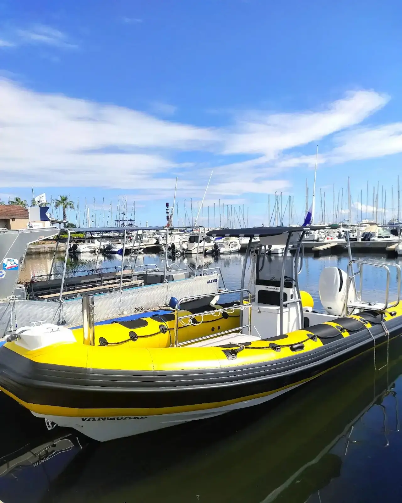 Bateau école semi-rigide jaune et noir Vanguard, équipé d'un T-top, amarré au port, prêt pour une séance de formation pratique.