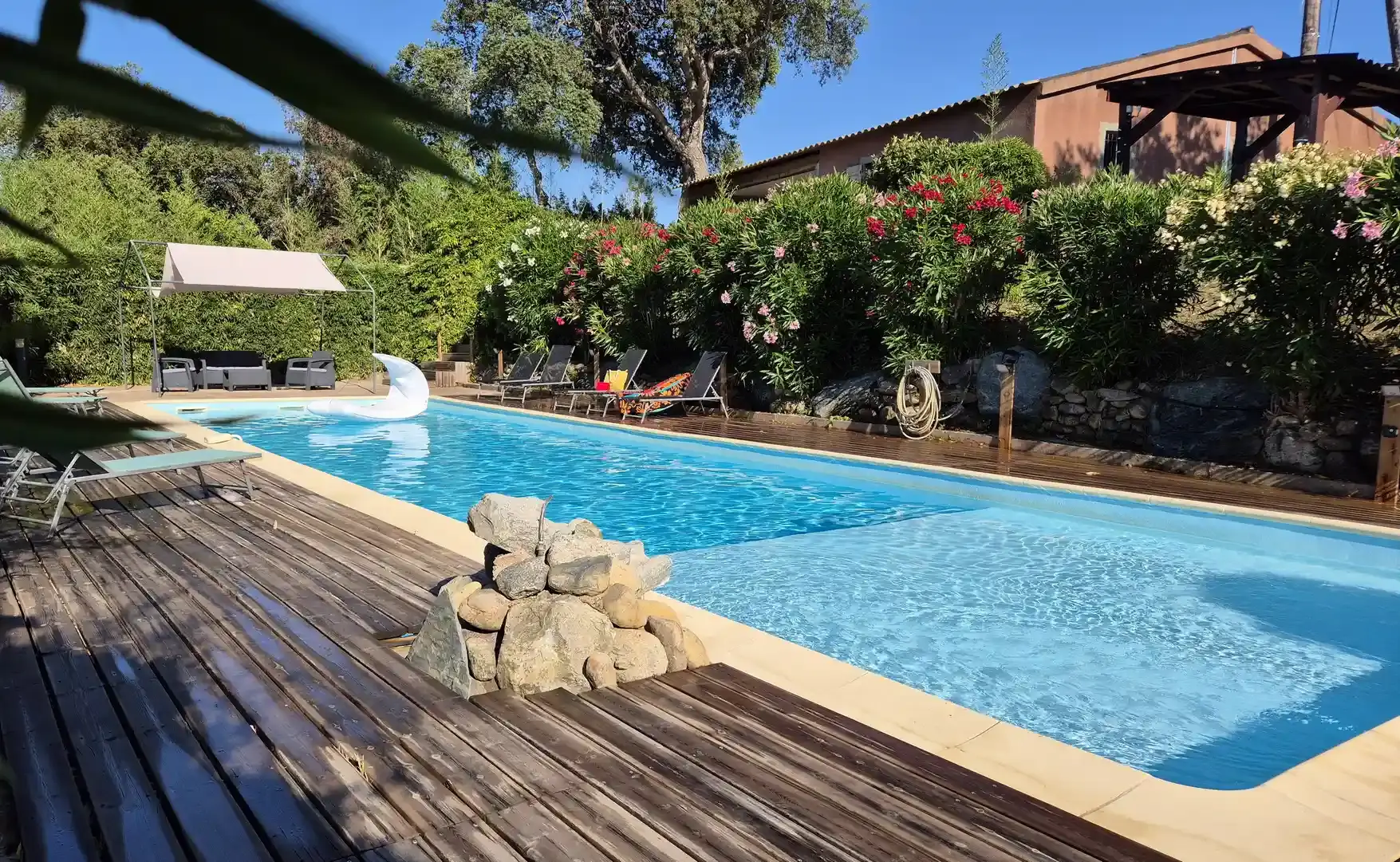 Villa de luxe avec grande piscine privée et terrasse en bois exotique entourée de fleurs méditerranéennes.