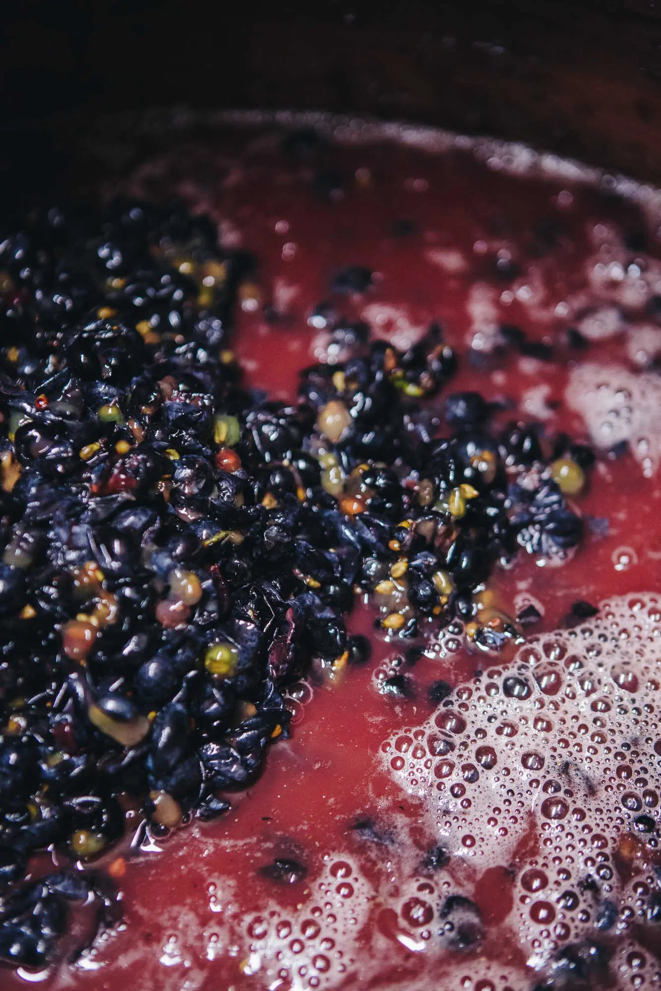 Gros plan sur les baies de raisins noirs et le moût en fermentation avec des bulles de mousse rosée au Clos Canereccia.