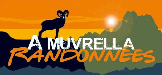 logo-a-murvrella-randonnees-haute-corse Logo A Muvrella Randonnées présentant une silhouette de mouflon sur un rocher devant des montagnes stylisées au coucher du soleil.