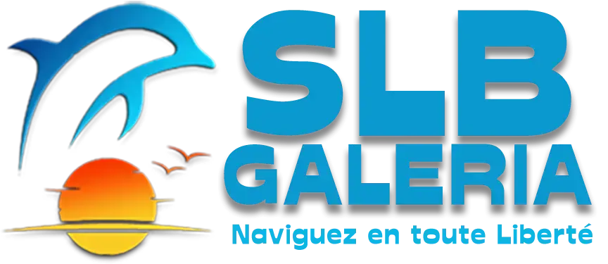 logo-slb-galeria-balade-en-bateau Logo officiel de SLB Galéria, location de bateaux en Corse, illustrant un dauphin bleu, un soleil couchant et le slogan "Naviguez en toute Liberté".